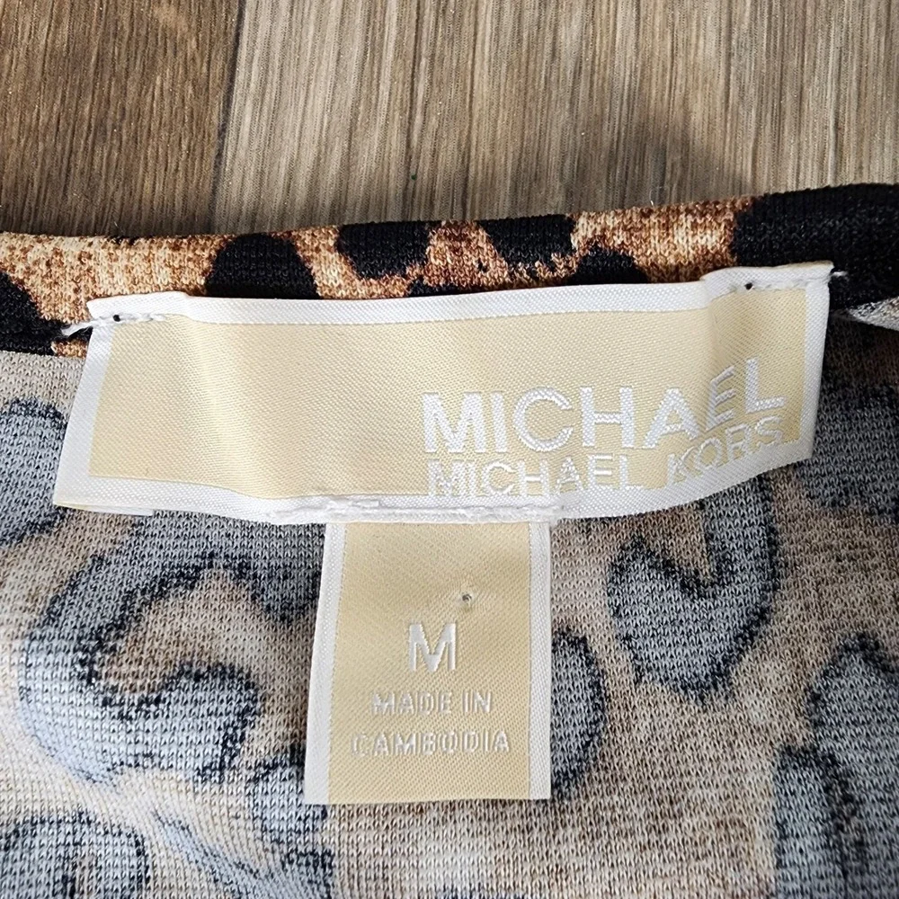MICHAEL KORS Leopard Print Faux Leather Sleeve Fit‎ Flare Dress Women's Medium